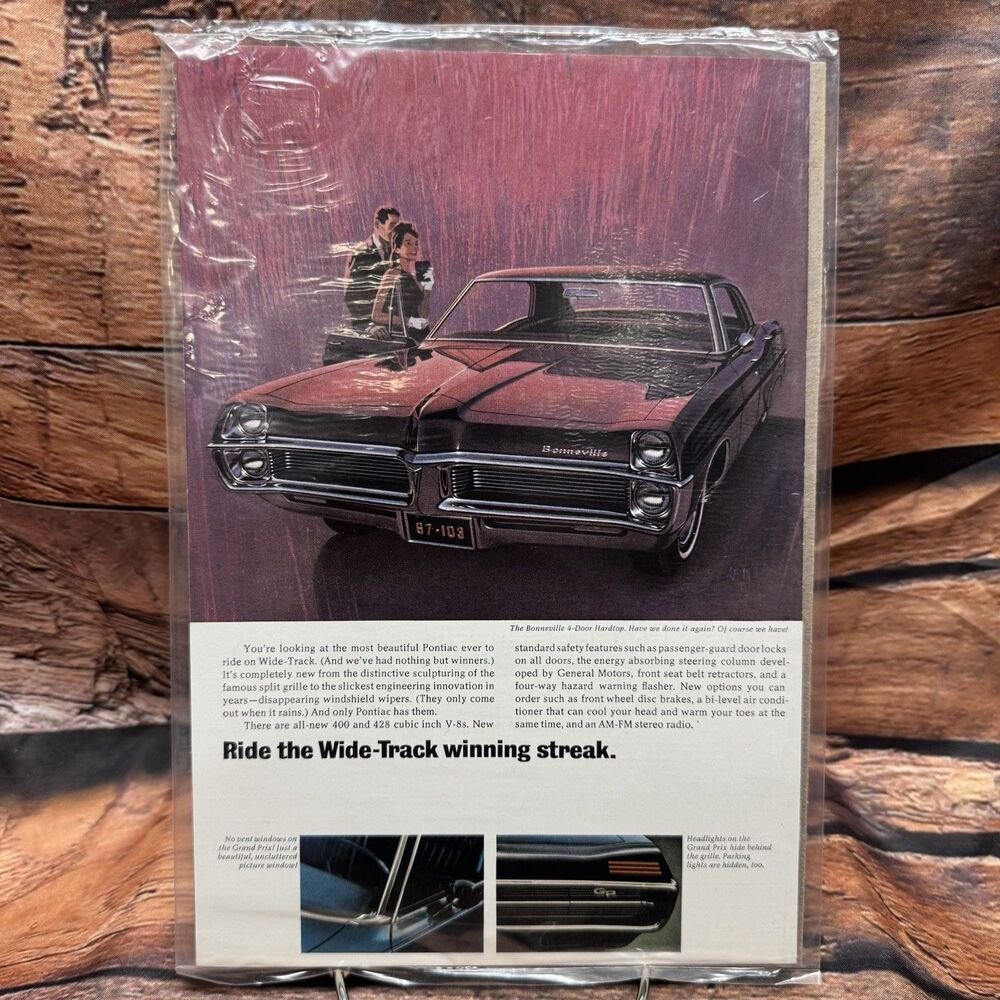 1967 Pontiac Bonneville Grand Prix Vintage Print Ad Wide Track Car Art 6.75x10